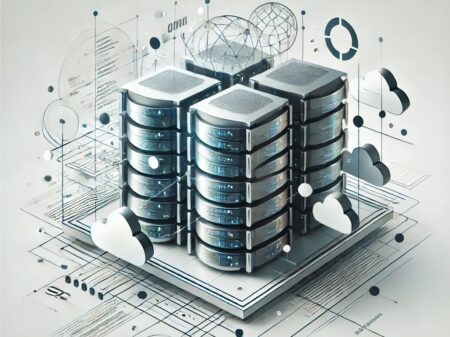 Abstrakte Darstellung eines Rechenzentrums mit vier Server-Türmen auf einem Chip, umgeben von Wolken und technischen Diagrammen, symbolisierend Cloud-Computing und digitale Vernetzung.