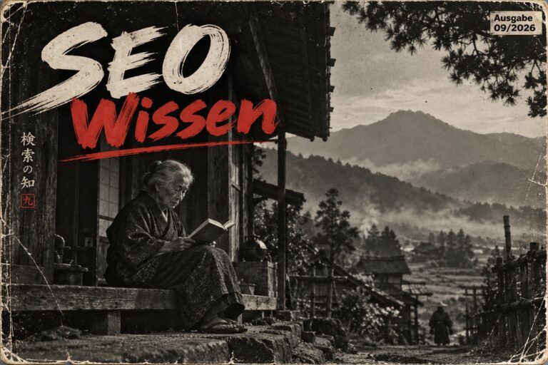 Ältere Frau sitzt im traditionellen Gewand auf einer Veranda und liest ein Buch. Im Hintergrund sind Berge und ein Dorf zu sehen. Oben ist der Titel SEO Wissen in großen Buchstaben zu lesen.