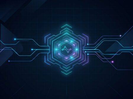 Abstraktes Bild eines futuristischen Netzwerks mit digitalem, sechseckigem Muster in der Mitte, umgeben von leuchtenden, miteinander verbundenen Linien und Punkten in Blau- und Violetttönen. Symbolisiert Technologie und Konnektivität.
