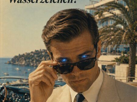 Ein Mann in Anzug hebt seine Sonnenbrille, um strahlend blaue Augen zu enthüllen. Im Hintergrund ist eine mediterrane Küstenlandschaft mit Palmen und Gebäuden zu sehen. Text fragt: Ist das ein KI-Wasserzeichen?