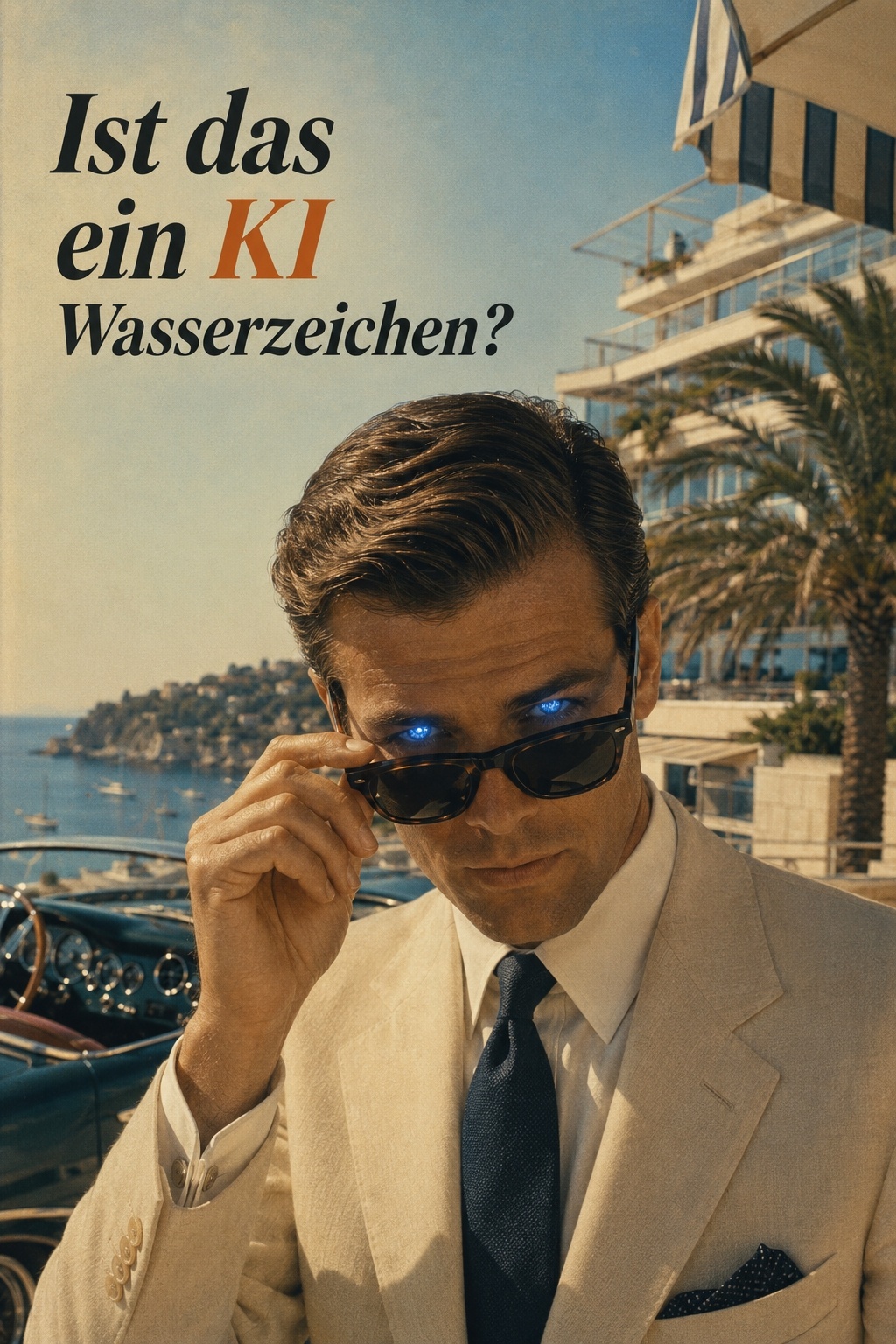 Ein Mann in Anzug hebt seine Sonnenbrille, um strahlend blaue Augen zu enthüllen. Im Hintergrund ist eine mediterrane Küstenlandschaft mit Palmen und Gebäuden zu sehen. Text fragt: Ist das ein KI-Wasserzeichen?