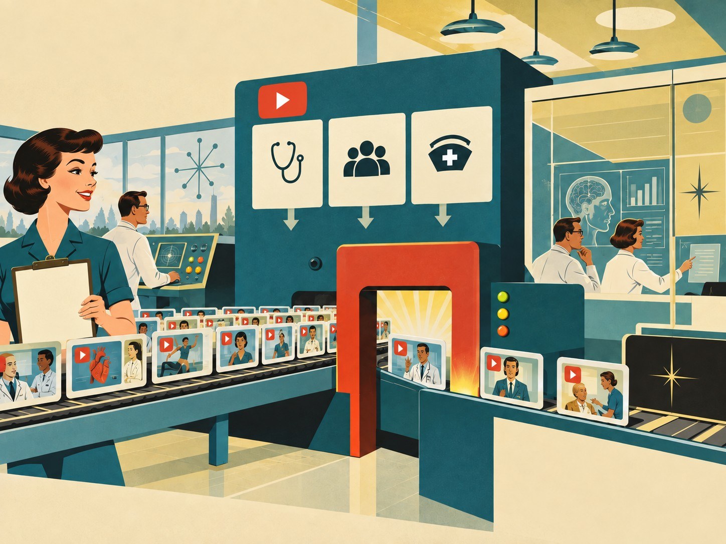 Illustration im Retro-Stil zeigt eine Fabrik, die YouTube-Videos mit medizinischen Themen produziert. Maschinen sortieren Videos mit Ärzten und medizinischen Symbolen. Personen in Labor umgeben von Bildschirmen analysieren Daten. Darstellung digitaler Gesundheitsinformationen und Wissensverbreitung.