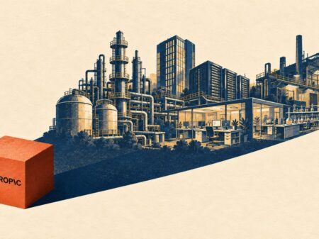 Illustration einer großen Fabrik mit Industrieanlagen, Bürobereich und Roboterarm. Links im Vordergrund ein roter Würfel mit der Aufschrift Anthropic.