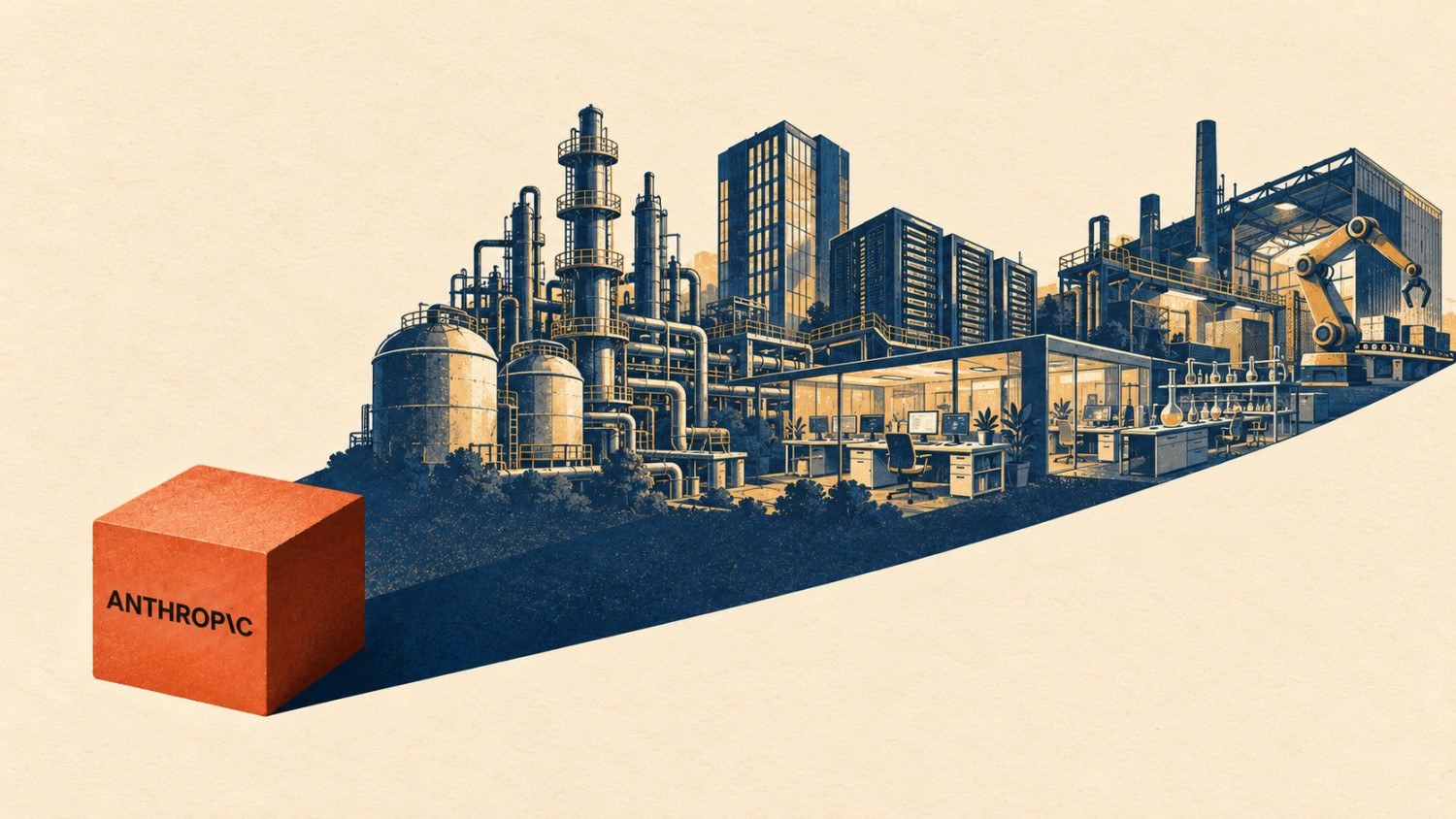 Illustration einer großen Fabrik mit Industrieanlagen, Bürobereich und Roboterarm. Links im Vordergrund ein roter Würfel mit der Aufschrift Anthropic.