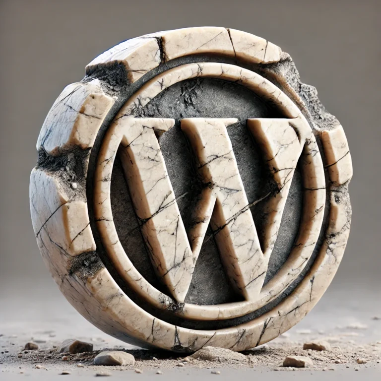 Wordpress Logo aus Marmor mit abgebrochenen Ecken und Kanten.